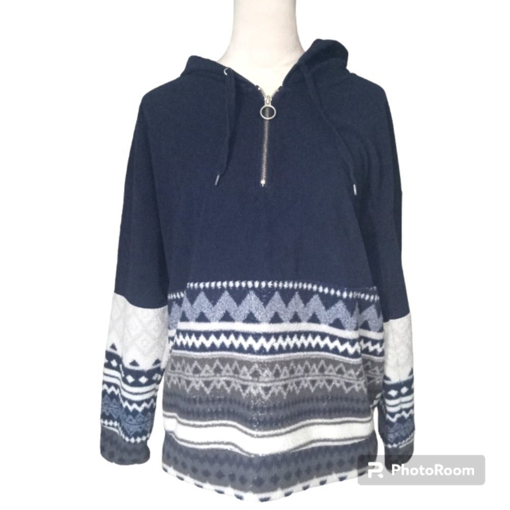 COMO Vintage Woman's Blue Fair Isle Pullover Fleece Hoodie Size XL